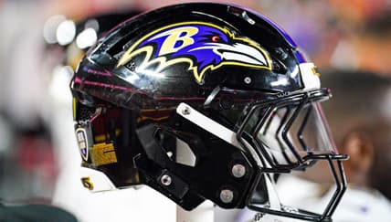 Baltimore Ravens helmet on sideline during game against Chiefs.