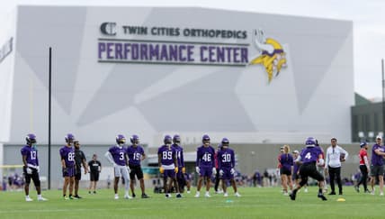 Vikings players participate in OTA drills at the TCO Performance Center in Eagan.