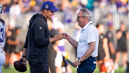 Kevin O’Connell talks with Zygi Wilf at Vikings training camp in Eagan.