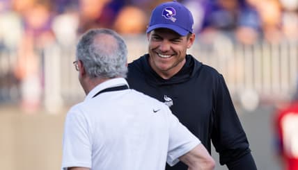 Kevin O’Connell talks with owner Ziggy Wilf during Vikings training camp