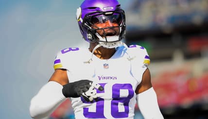 Minnesota Vikings linebacker Jonathan Greenard (58) goes through pregame warmups ahead of a matchup with the Tennessee Titans, with the scene unfolding on Nov. 17, 2024 at Nissan Stadium in Nashville, as Greenard stretches and readies himself on the field before Minnesota’s road contest begins. Mandatory Credit: Steve Roberts-Imagn Images.