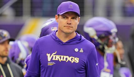 Vikings head coach Kevin O’Connell watches pregame warmups before a game against the Philadelphia Eagles at U.S. Bank Stadium.