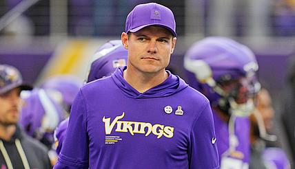Vikings head coach Kevin O’Connell watches pregame warmups before a game against the Philadelphia Eagles at U.S. Bank Stadium.