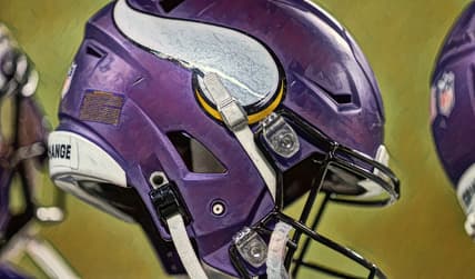 Minnesota Vikings helmet on the field before a preseason game at U.S. Bank Stadium.