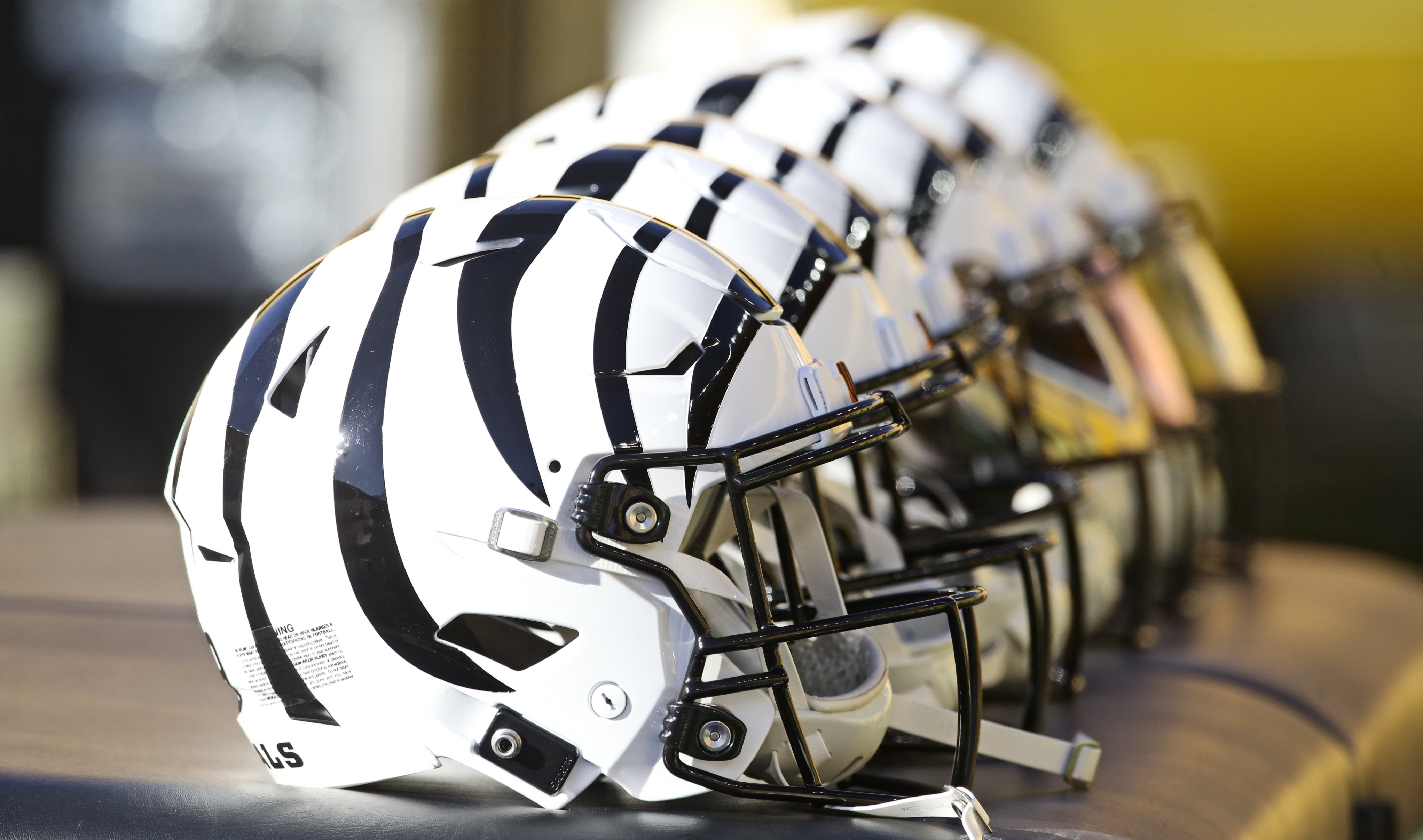Cincinnati Bengals helmets on the sideline before facing the Steelers. 8/27/25