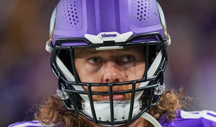 T.J. Hockenson warming up at U.S. Bank Stadium before a Vikings game.