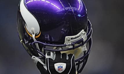 A Minnesota Vikings helmet sits on the sideline before a road game against the Detroit Lions at Ford Field.