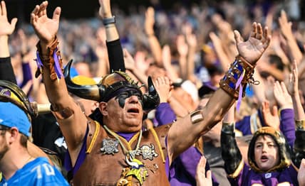 Minnesota Vikings fans react in the stands during a game against the Detroit Lions at U.S. Bank Stadium.