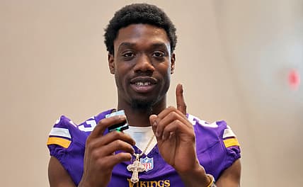 James Pierre smiles during a Vikings.com interview about Nickelodeon.