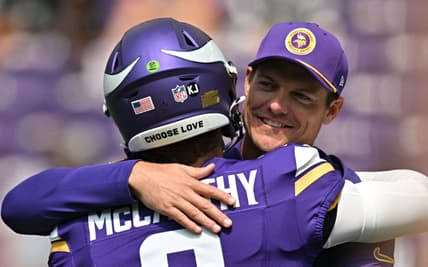 J.J. McCarthy and Kevin O’Connell react before Vikings preseason game vs. Raiders.