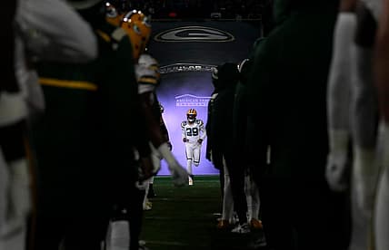 Rasul Douglas enters the field before a game against the Tennessee Titans at Lambeau Field.