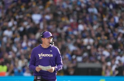 Kevin O’Connell walks sideline during Vikings game vs. Steelers in Dublin.