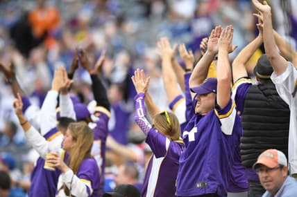 Vikings fans celebrate after a win against the New York Giants at MetLife Stadium.