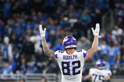 Kyle Rudolph celebrates during a Vikings game against the Lions at Ford Field in Detroit.