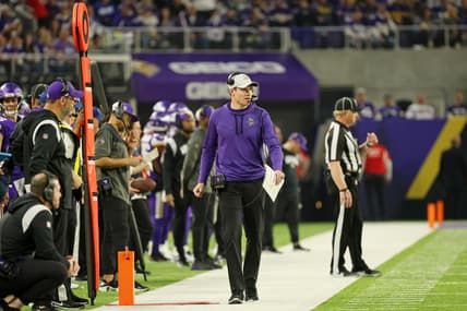 Kevin O’Connell stands on the sideline during a Vikings playoff game at U.S. Bank Stadium.