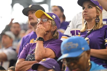 Vikings fans react during a close game against the Chargers at U.S. Bank Stadium.