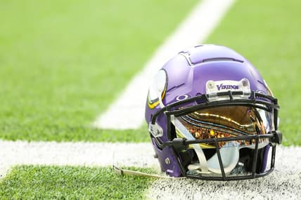 Photo of Tyler Batty's Vikings helmet with visor before the Lions game at U.S. Bank Stadium.