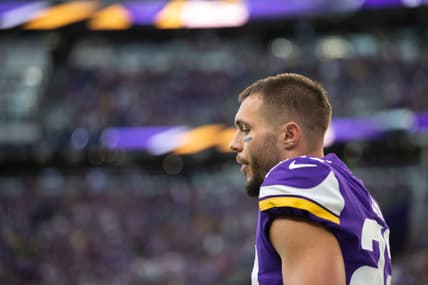 Harrison Smith stands on the field before a Vikings preseason game at U.S. Bank Stadium