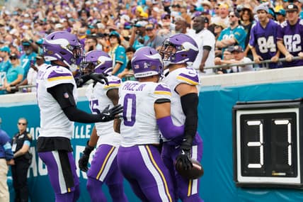 Vikings defenders celebrate a fumble recovery during the game against the Jaguars at EverBank Stadium.