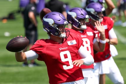 Vikings quarterback J.J. McCarthy participates in drills during training camp at the team facility in Eagan.