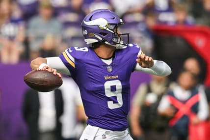 J.J. McCarthy throws a pass during a preseason game against the Houston Texans at U.S. Bank Stadium.
