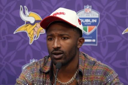 Jonathan Greenard talks with reporters after a Vikings international game in Dublin, Ireland.