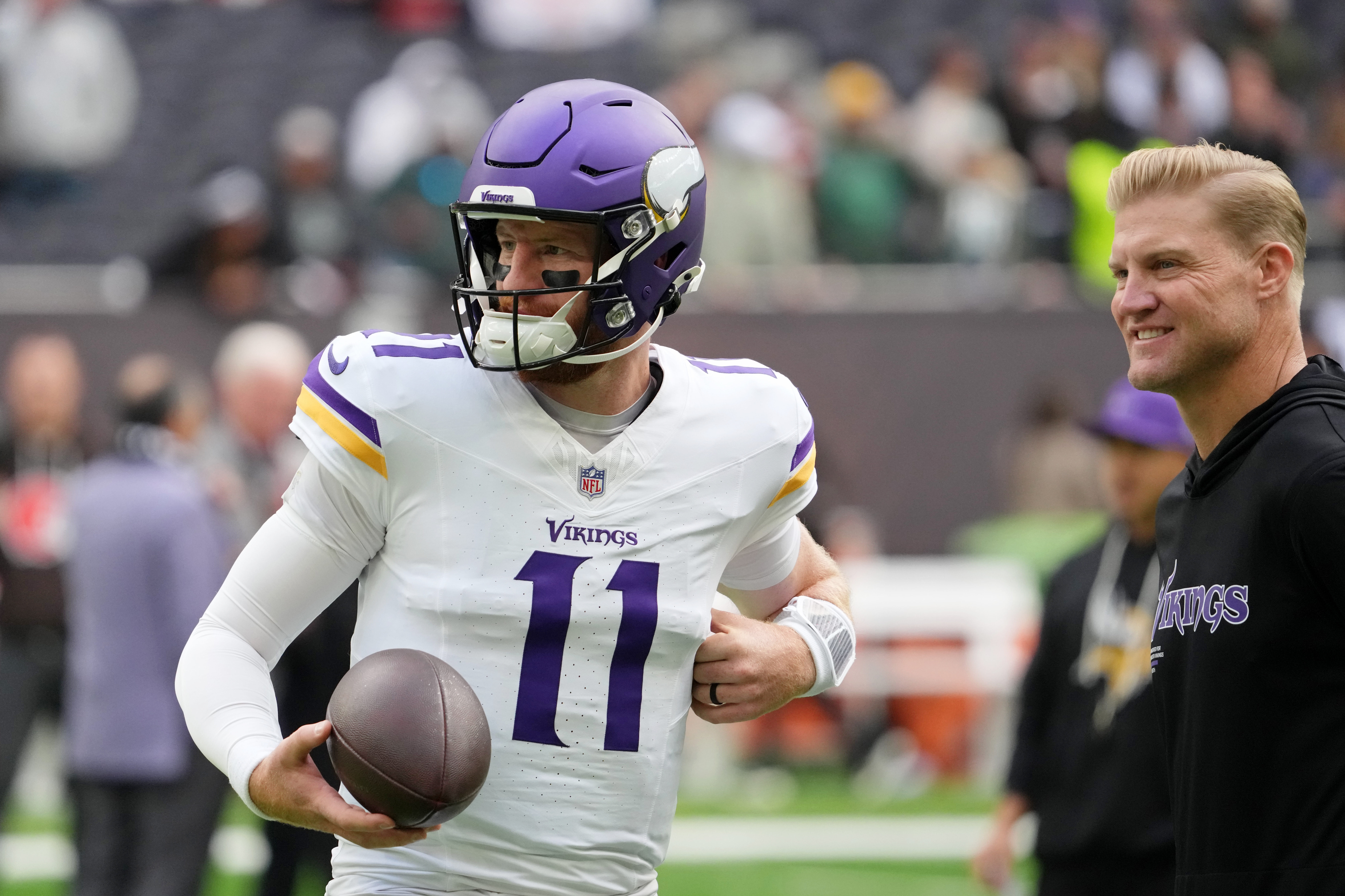 Carson Wentz warms up before the Vikings’ International Series game against the Browns in London.