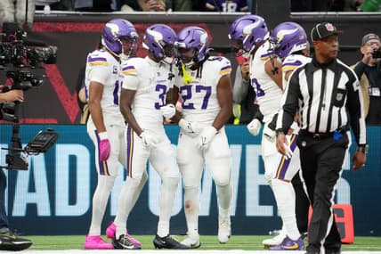 Jordan Addison celebrates a touchdown with teammates during the Vikings’ International Series game against the Browns in London.