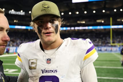 J.J. McCarthy walking off field after Vikings game at Ford Field