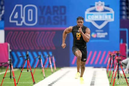 Jadarian Price participates in drills at the NFL Scouting Combine at Lucas Oil Stadium.
