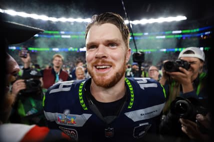 Seahawks QB Sam Darnold winning the Super Bowl in Feb 2026