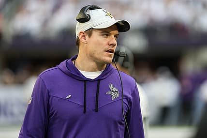 Kevin O’Connell watches from the sideline during the Vikings’ game against the Giants at U.S. Bank Stadium.