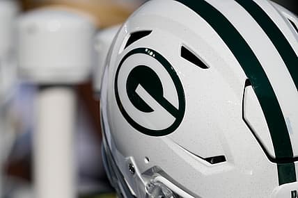 Green Bay Packers helmets on the sideline during the game against the Texans.