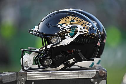 Jacksonville Jaguars helmets line the sideline during a game against the Eagles in Philadelphia.