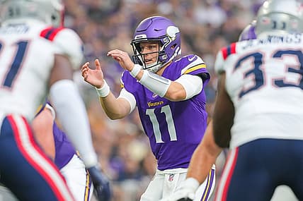 Brett Rypien prepares for a preseason snap against the Patriots.