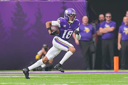 Vikings wide receiver Justin Jefferson runs after the catch against the Bengals at U.S. Bank Stadium.