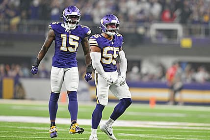Vikings linebacker Eric Wilson celebrates after a play against the Atlanta Falcons at U.S. Bank Stadium.