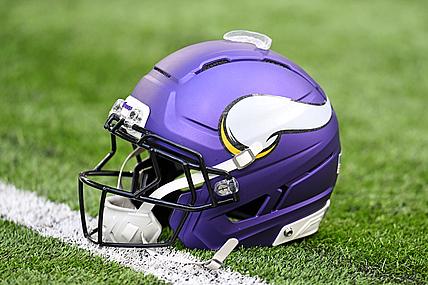A Minnesota Vikings helmet is displayed before a game against the Philadelphia Eagles at U.S. Bank Stadium.