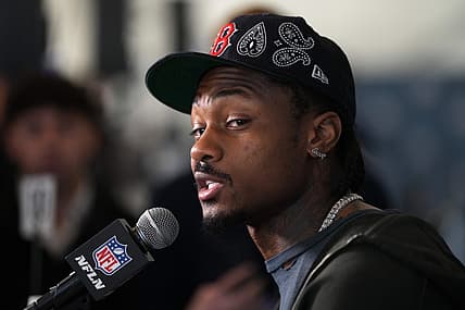 Stefon Diggs speaks with reporters at the Santa Clara Marriott.