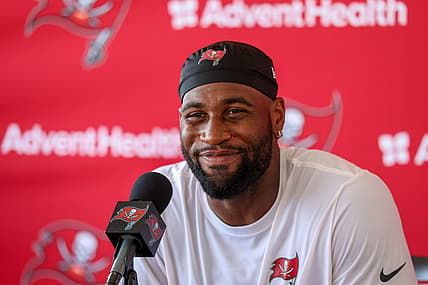 Haason Reddick speaks with reporters after Buccaneers training camp.