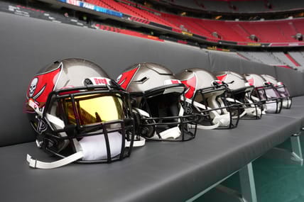 Tampa Bay Buccaneers helmets on the bench before a game in Munich.