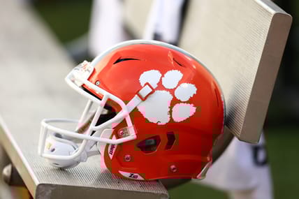 Clemson helmet sitting on bench during game at BB&T Field
