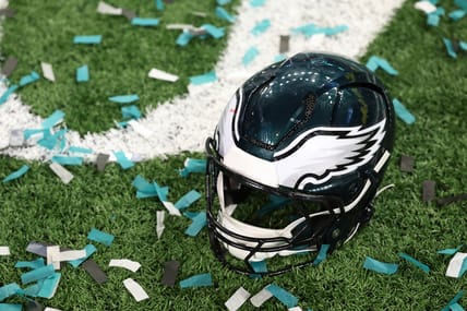 Philadelphia Eagles helmet on field after Super Bowl LIX.