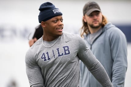 Linebacker Kobe King warms up during Penn State’s Pro Day at Holuba Hall in State College.