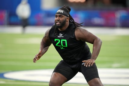 Donovan Jackson participates in drills at 2025 NFL Scouting Combine.