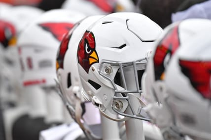 Arizona Cardinals helmets sit on the bench before a game against the Philadelphia Eagles at Lincoln Financial Field.