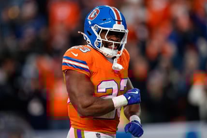 Audric Estime celebrates a touchdown during the Broncos-Chiefs game at Empower Field.