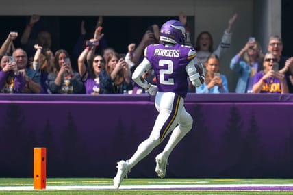 Isaiah Rodgers runs an interception back for a Vikings touchdown against the Bengals at U.S. Bank Stadium.