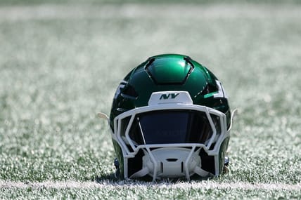 New York Jets helmet on the field in 2025.