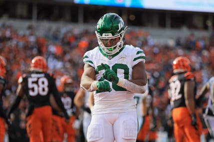 New York Jets running back Breece Hall celebrates during the fourth quarter against the Cincinnati Bengals at Paycor Stadium.